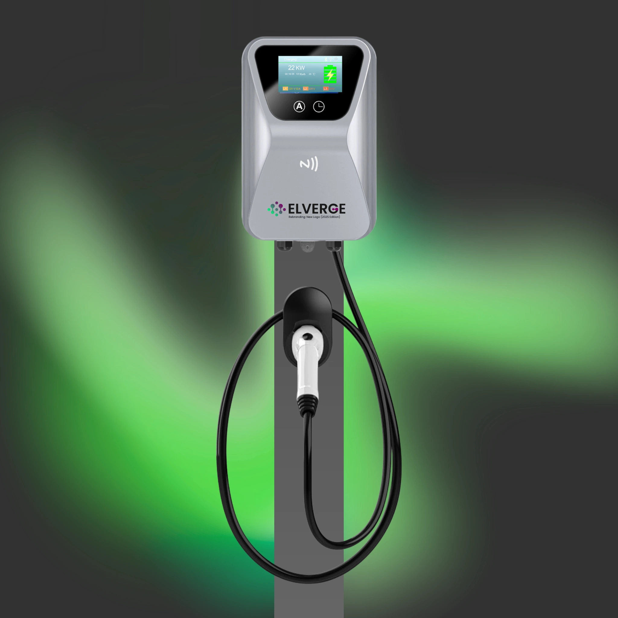 Ładowarka 22KW firmy ELVERGE na ciemnym tle z zielonymi